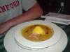 Chilled soup of tropical fruits with hot wonton of spicey pineaplle chutney and mango sorbet (41kb)